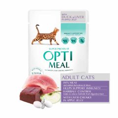   OPTIMEAL alutasakos macskaeledel HAIRBALL Kacsa Máj almazselében 85g