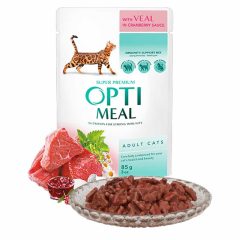   OPTIMEAL alutasakos macskaeledel Borjú Tőzegáfonya szószban 85g