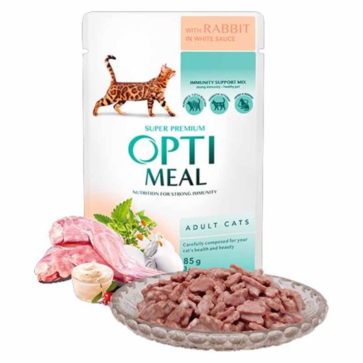 OPTIMEAL alutasakos macskaeledel Nyúl fehér szószban 85g