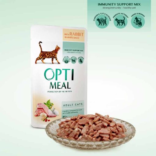 OPTIMEAL alutasakos macskaeledel Nyúl fehér szószban 85g