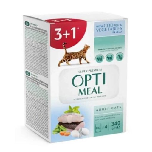 OPTIMEAL alutasakos macskaeledel MULTIPACK 4x85g Tőkehal zöldség zselében