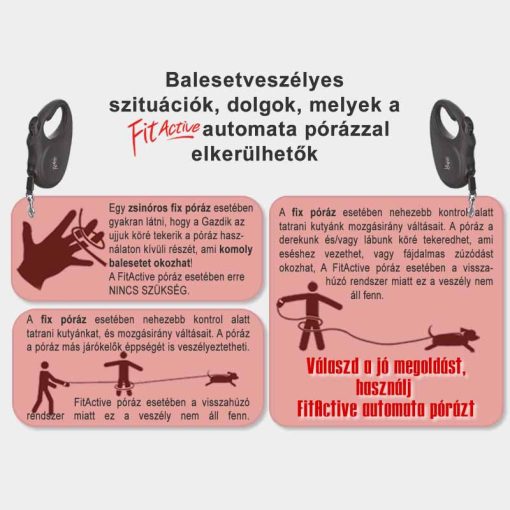 FITACTIVE automata póráz szalagos (L) Piros 5 méter kutyák részére