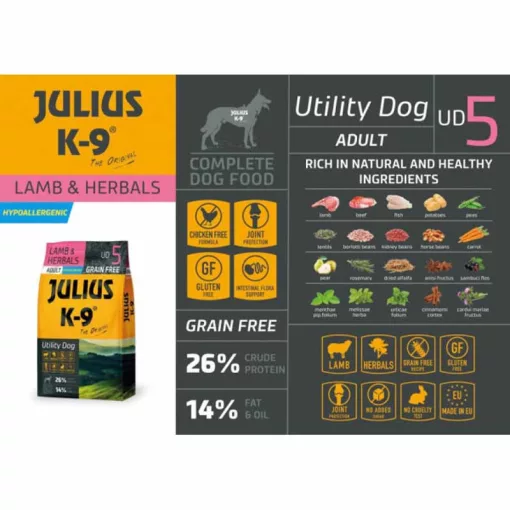 JULIUS K9 kutya Hypoallergenic Utility Dog SENIOR Lamb Herbals 10kg