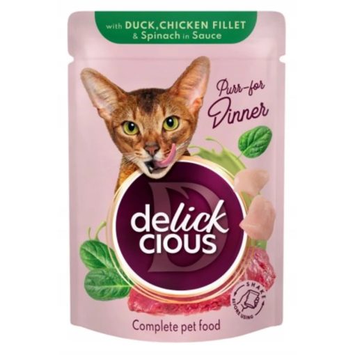DELICKCIOUS alutasakos macskaeledel 85g Szósz Kacsa+Csirke+Spenót