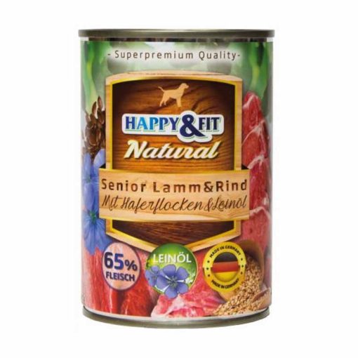 KT HAPPY&FIT NATURAL Dog konzerv Senior Bárány+Marha+Zabliszt+Lenmagolaj 400g