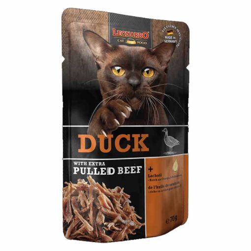 LEONARDO Pulled Beef alutasakos macskaeledel Kacsahús extra tépett marhahússal 70g