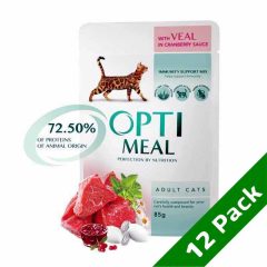   12x85g - MULTIPACK OPTIMEAL alutasakos macskaeledel Borjú Tőzegáfonya szószban