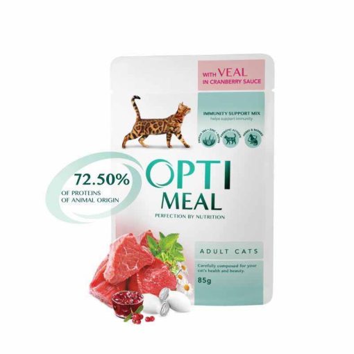 12x85g - MULTIPACK OPTIMEAL alutasakos macskaeledel Borjú Tőzegáfonya szószban