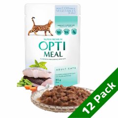   12x85g - MULTIPACK OPTIMEAL alutasakos macskaeledel Tőkehal Zöldség zselében