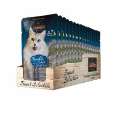   16x85g - KARTON LEONARDO Finest Selection szinhúsos alutasakos macsaeledel Pisztráng Macskagyökérrel