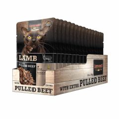   16x70g - KARTON LEONARDO Pulled Beef alutasakos macskaeledel Bárányhús extra tépett marhahússal