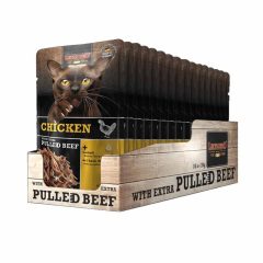   16x70g - KARTON LEONARDO Pulled Beef alutasakos macskaeledel Csirkehús extra tépett marhahússal