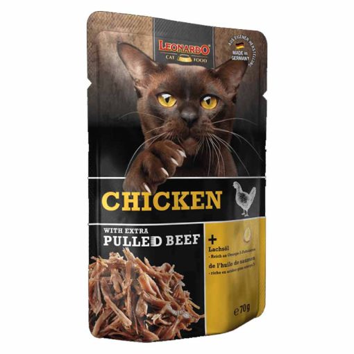 LEONARDO Pulled Beef alutasakos macskaeledel Csirkehús extra tépett marhahússal 16x70g