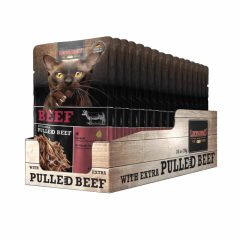   16x70g - KARTON LEONARDO Pulled Beef alutasakos macskaeledel Marhahús extra tépett marhahússal