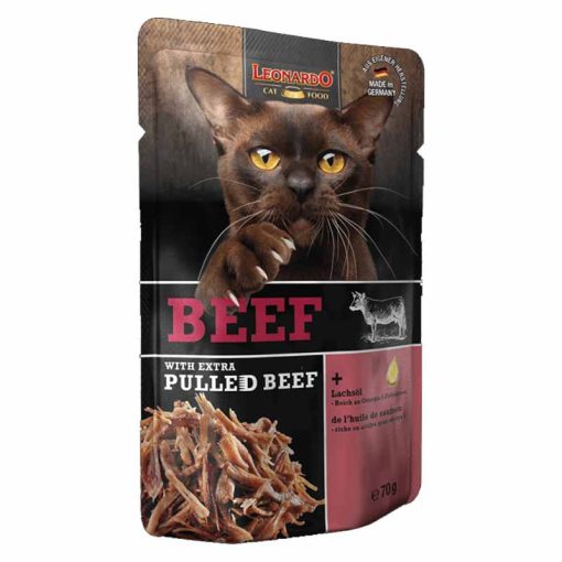16x70g - KARTON LEONARDO Pulled Beef alutasakos macskaeledel Marhahús extra tépett marhahússal