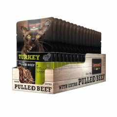   16x70g - KARTON LEONARDO Pulled Beef alutasakos macskaeledel Pulykahús extra tépett marhahússal